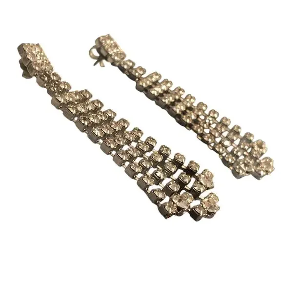 90's Vintage Rhinestone Dangle Drop Chandelier Earrings Silver Tone Post Style - Picture 11 of 16